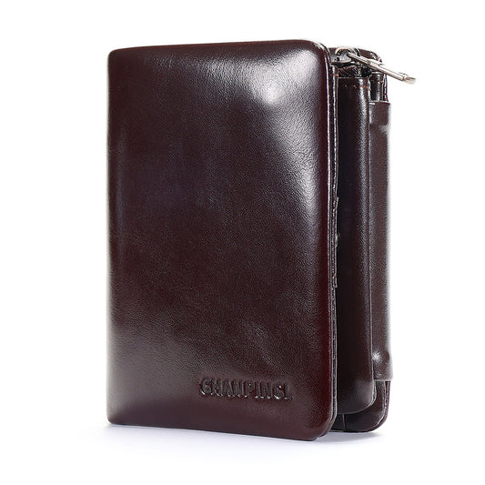 Men's Vertical First Layer Cowhide Zipper Pocket Men's Wallets