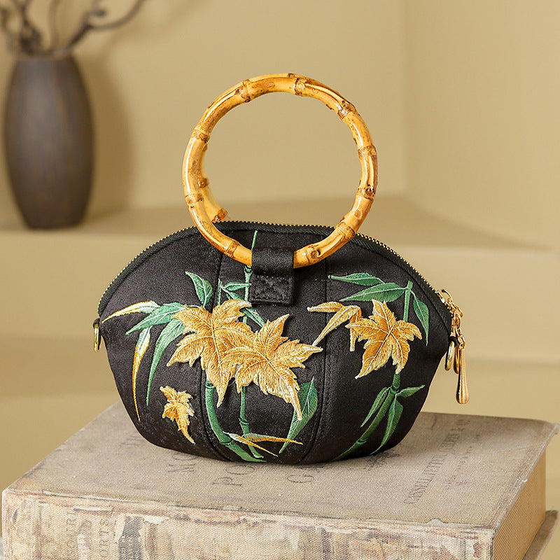 Women's Style Portable Embroidery Pumpkin Bamboo Maple Crossbody Bags