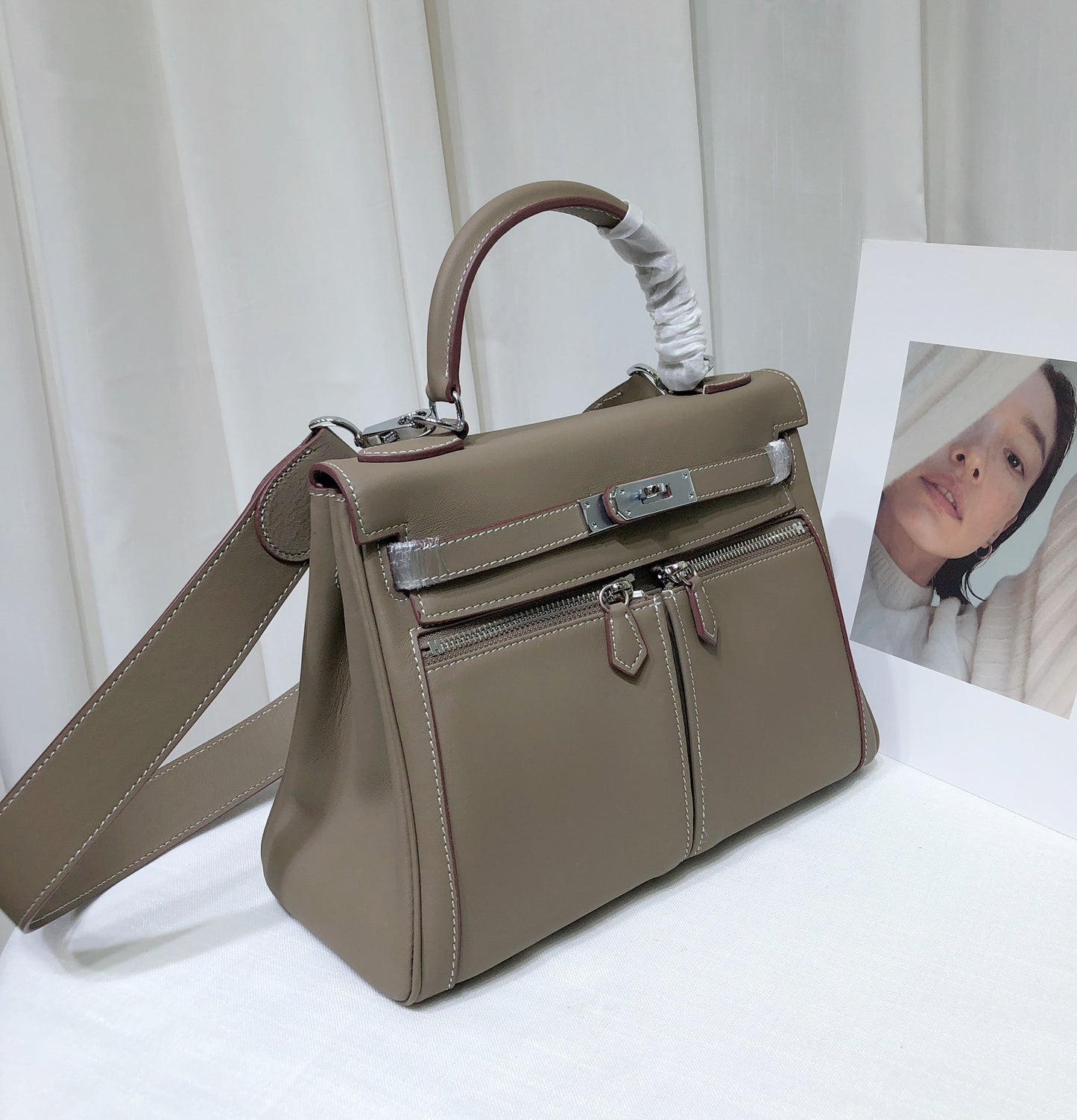 Women's Top Layer Cowhide Kelly Double Pocket Genuine Crossbody Bags