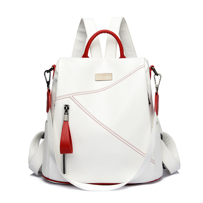 Women's Stitching Color Matching Genuine Leather Trendy Backpacks