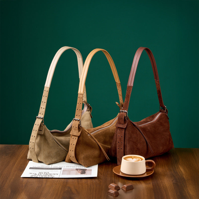 Strap Genuine Leather Cowhide Frosted Suede Shoulder Bags