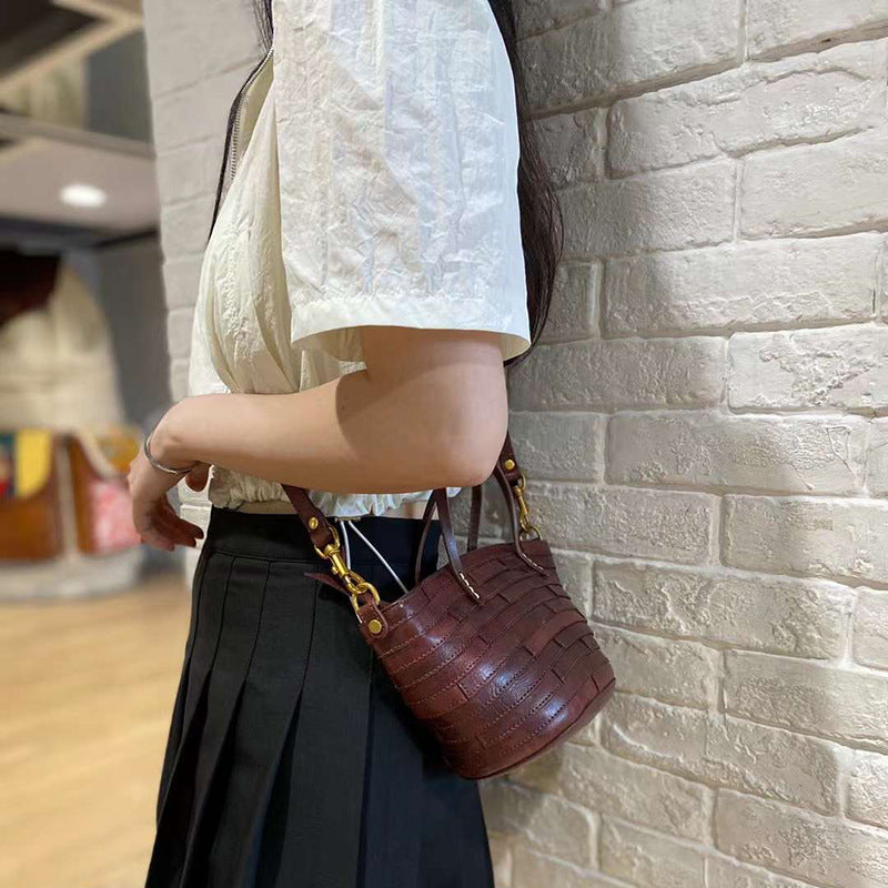 Women's Street Art Washed Vegetable Basket Stitching Shoulder Bags