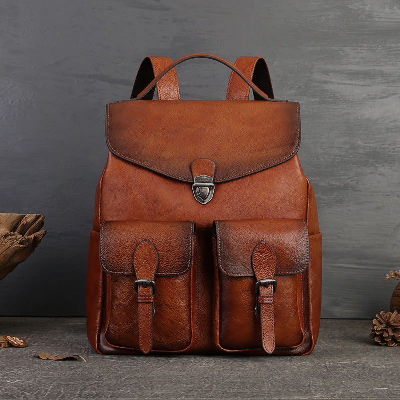 Men's First Layer Cowhide Leisure Retro Large Backpacks