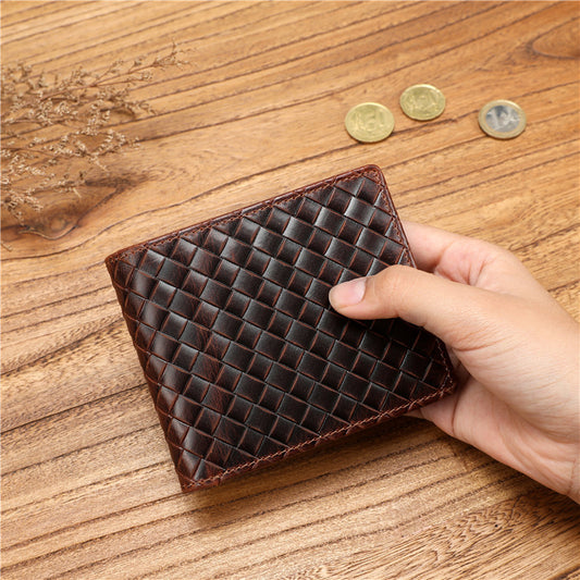 Men's First Layer Cowhide Woven Pattern Large Men's Wallets