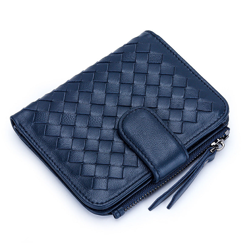 Women's Short Sheepskin Woven Classic Half Fold Ladies Wallets