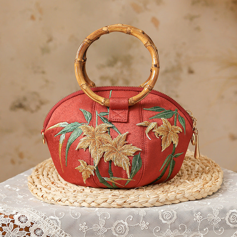 Women's Style Portable Embroidery Pumpkin Bamboo Maple Crossbody Bags