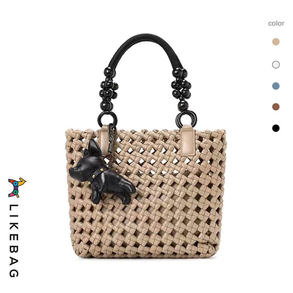 Women's Vegetable Basket Woven Portable Advanced Hollow Wooden Bead Handbags