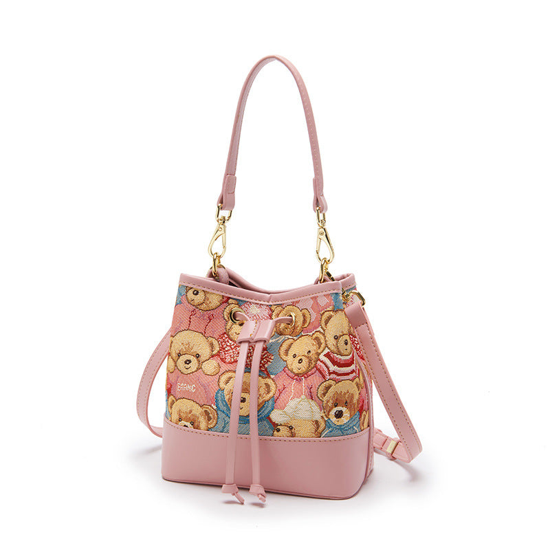 Women's Bear Attachment Jacquard Canvas Portable Fashion Shoulder Bags