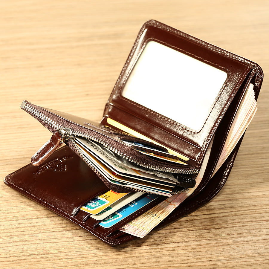 Men's Cowhide Pocket Zipper Multiple Slots Short Men's Wallets
