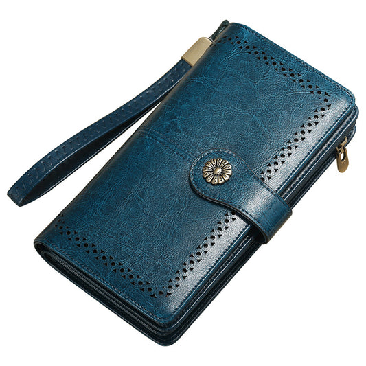 Women's Long Sunflower Retro Oil Wax Skin Large Capacity Wrist Ladies Wallets