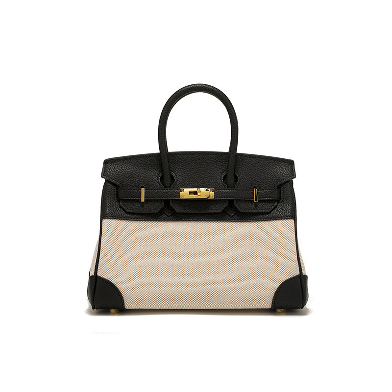 Women's Spring Design Leather With Canvas Contrast Color Handbags