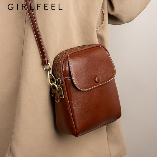 Female Fashion Vegetable Tanning Leather Mobile Bags