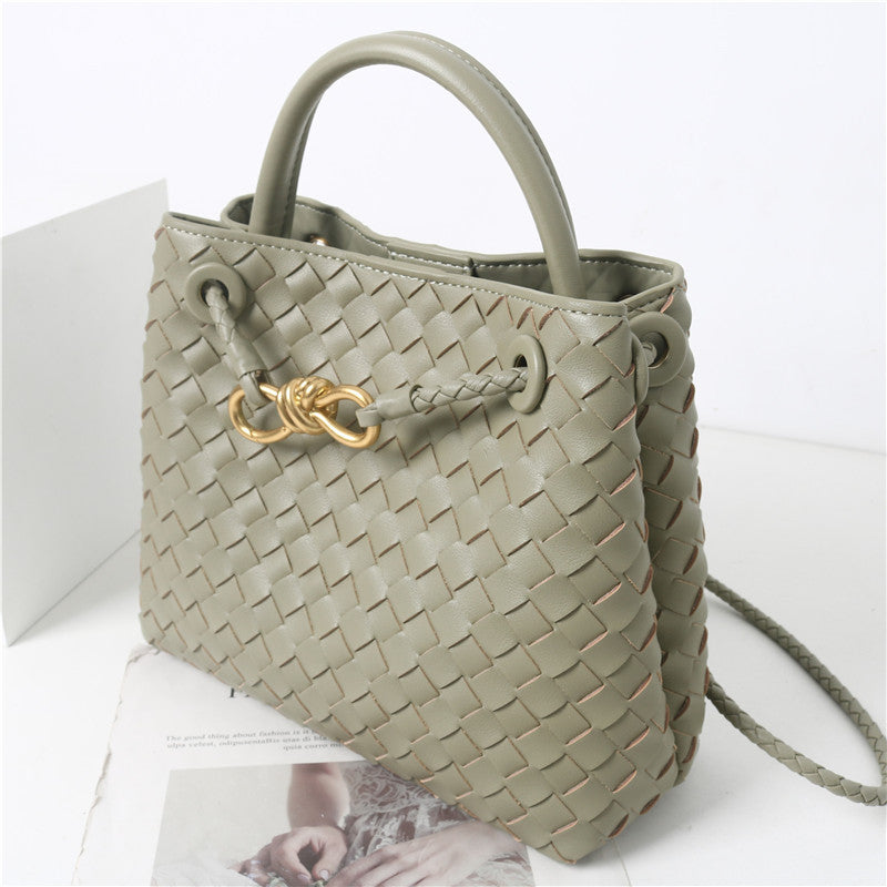 Women's Cowhide Metal Cord Fastener Woven Bags