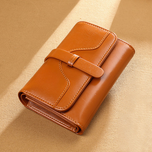 Women's Fold Vintage Oil Wax Genuine Leather Ladies Wallets
