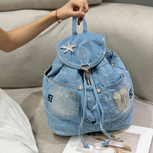 Women's Korean Jean Vintage With Diamonds Leisure Backpacks