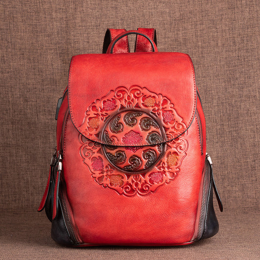 Chinese Style First Layer Cowhide Embossed Backpacks