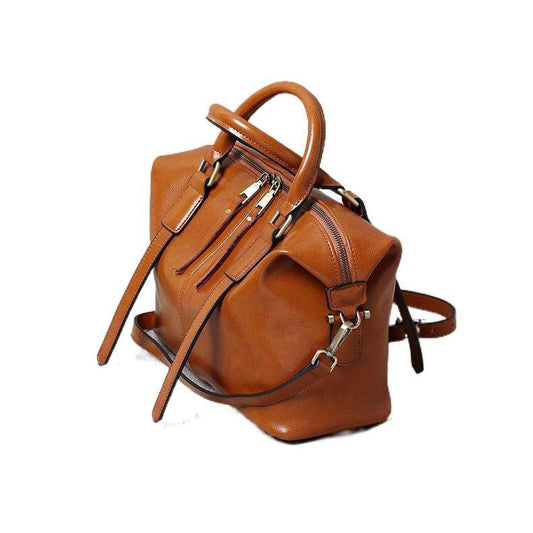 Women's Portable Oil Wax Cow Leather Boston Handbags