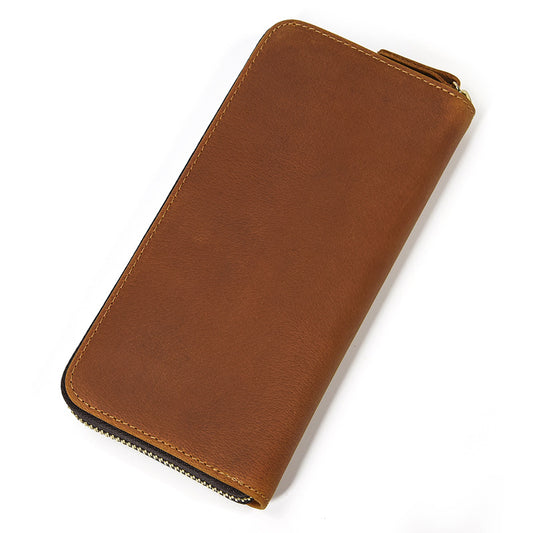 Men's Horse Leather Long Real Zipper First Layer Purses