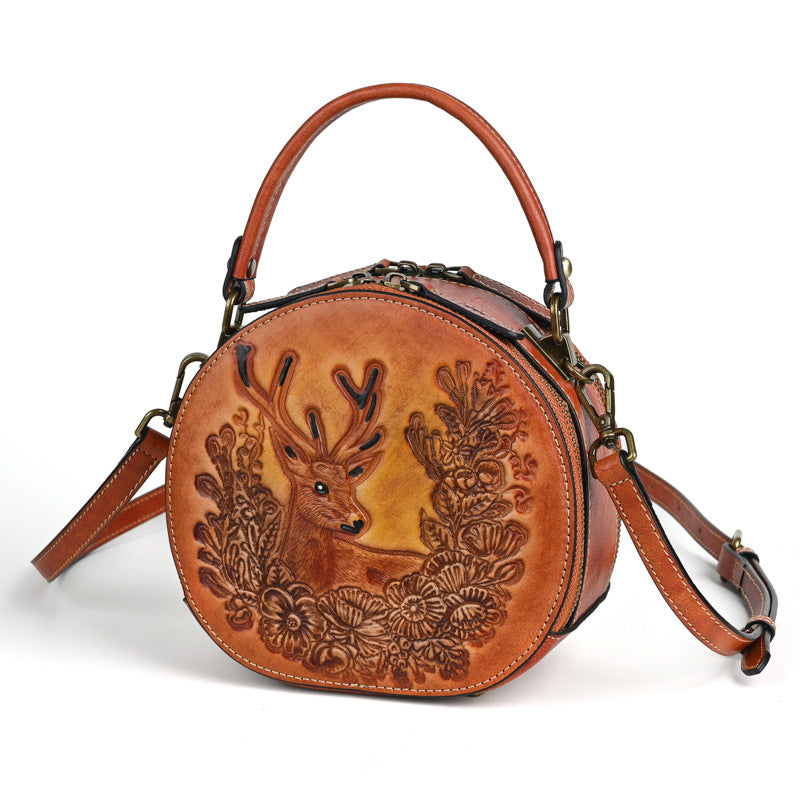 Women's National Style Round First Layer Leather Crossbody Bags