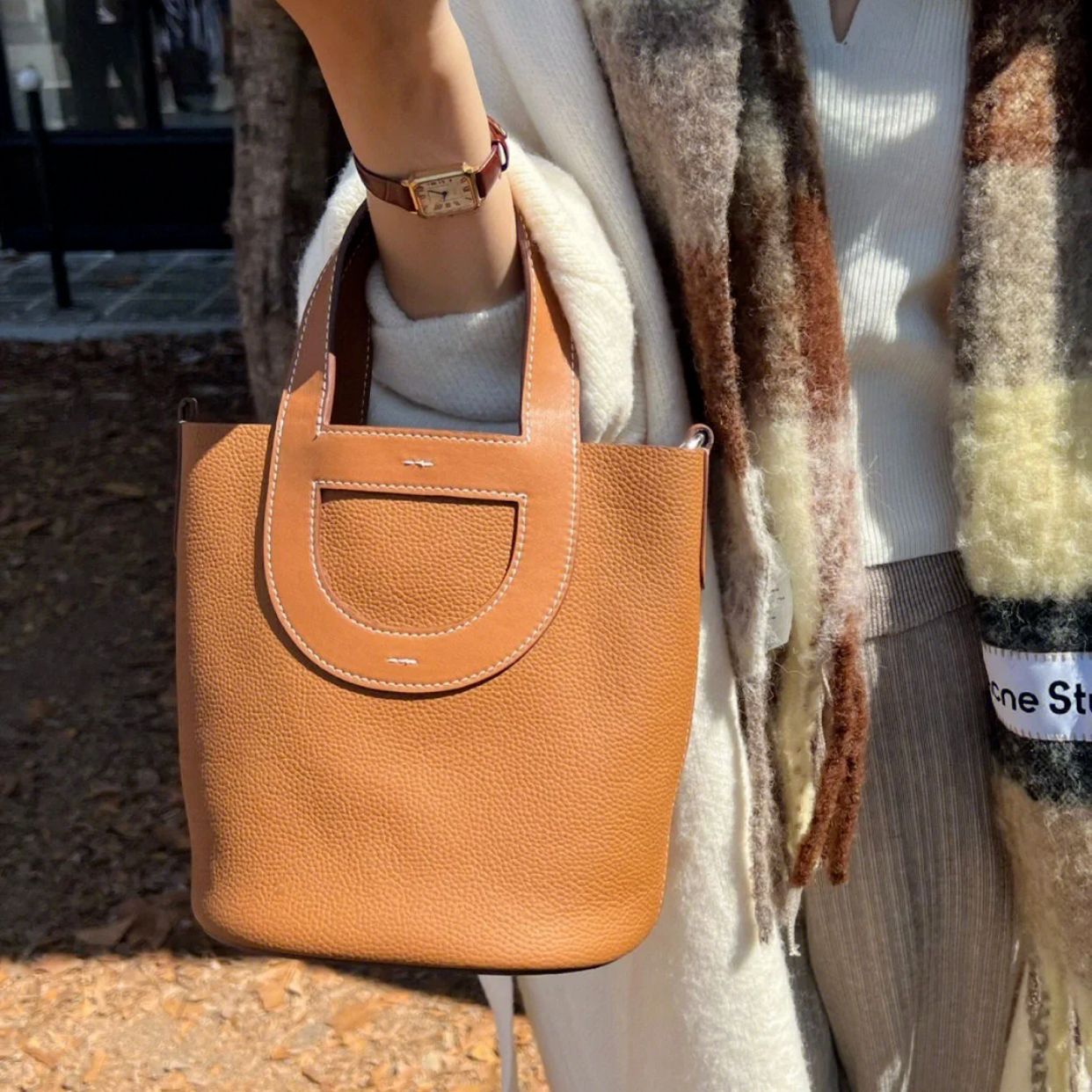 Women's Nose Vegetable Basket First Layer Cowhide Lychee Pattern Large Handbags