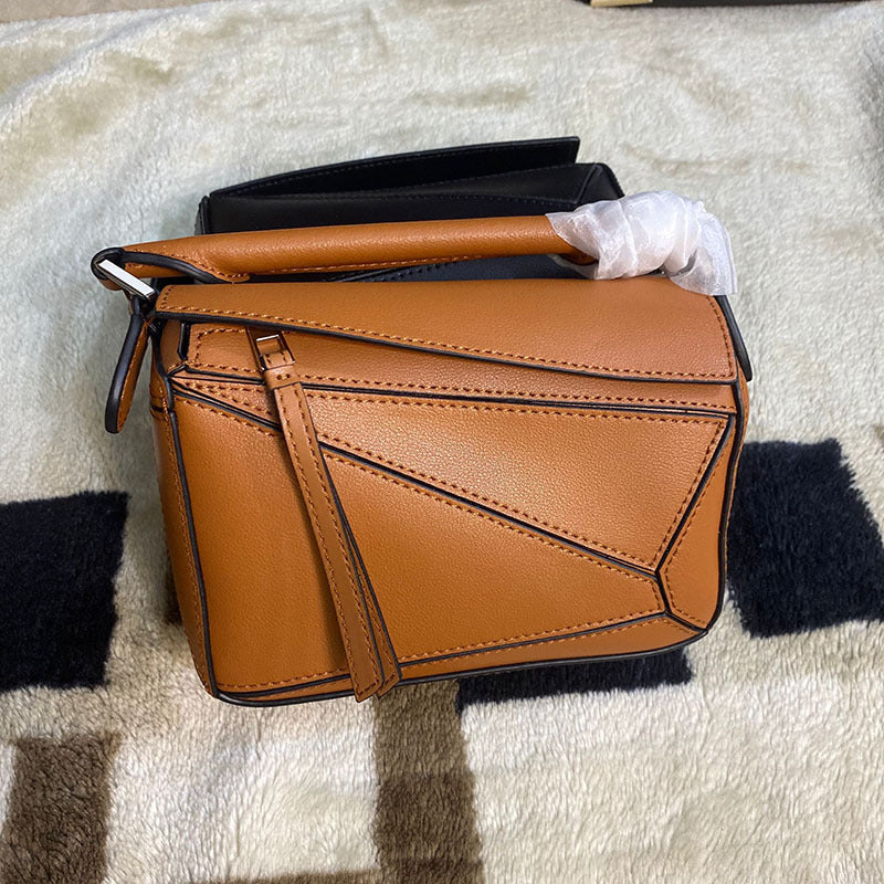 Women's Geometric Rhombus Soft Leather Stitching Genuine Portable Shoulder Bags