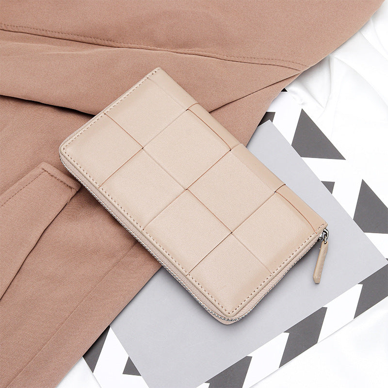 Sheepskin Large Woven Long Fashion Genuine Leather Zipper Ladies Wallets