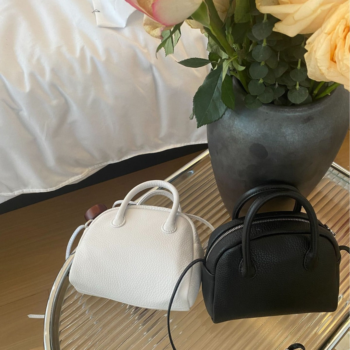 Women's Top Layer Leather Boston Black One Portable Handbags