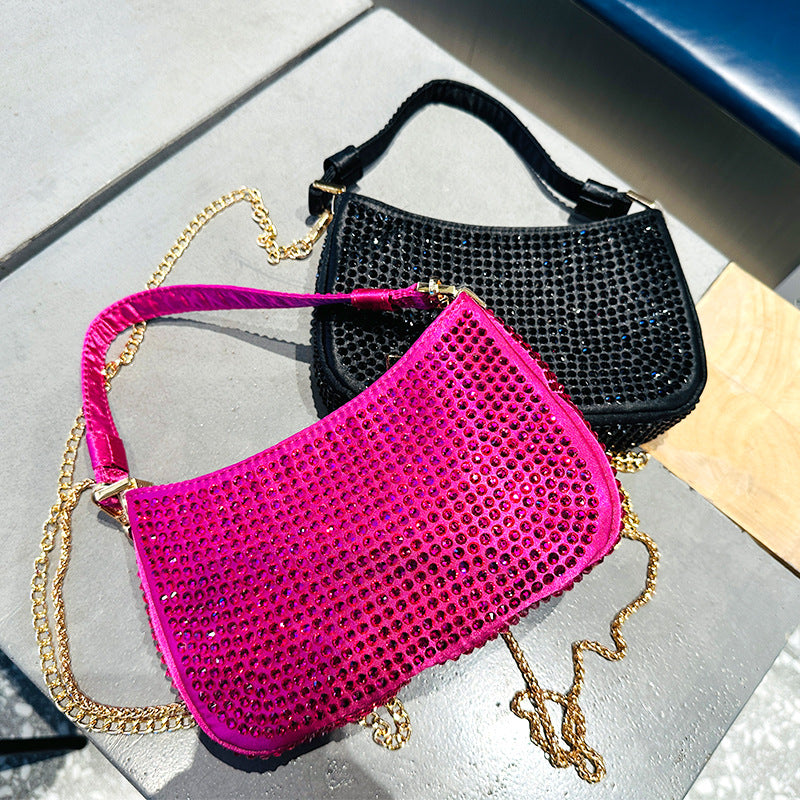 Women's Rose Red Rhinestone Mini Chain Dinner Evening Bags