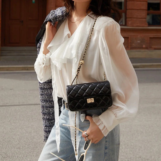 Women's Golden Balls Rhombus Chain First Layer Cowhide Classic Shoulder Bags