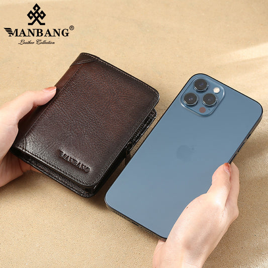 Men's Cowhide Pocket Zipper Multiple Slots Short Men's Wallets