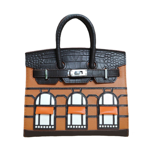 Women's House Genuine Leather Crocodile Pattern Contrast Handbags