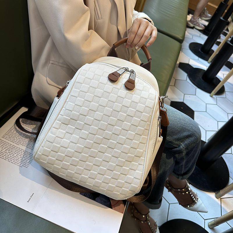 Chessboard Plaid Female Beige College Leisure Backpacks