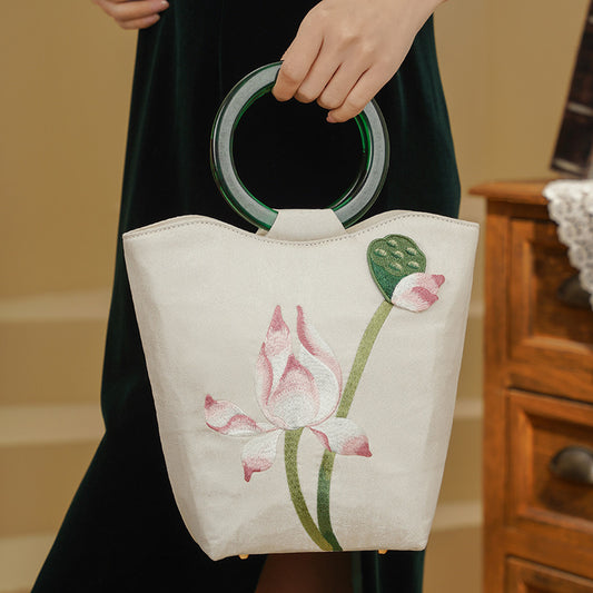 Blowing Half Summer Lotus Love Embroidered Handbags