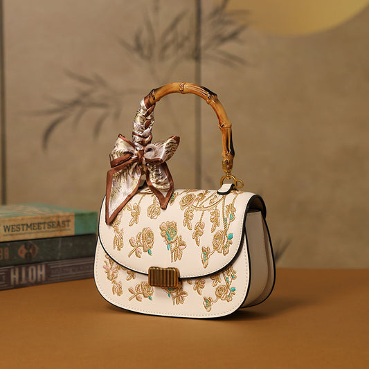 Style Embroidery Camellia Bamboo Saddle National Mom Shoulder Bags
