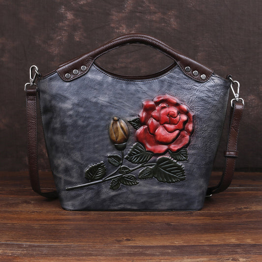 Women's First Layer Cowhide Large Capacity Rose Crossbody Bags
