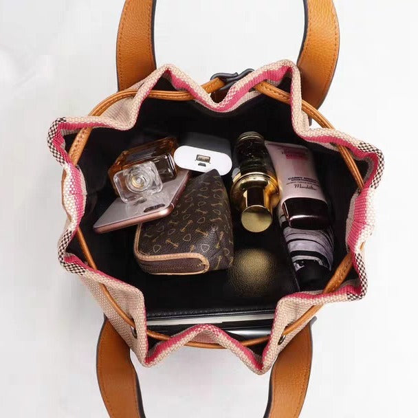 Women's Checked Canvas Genuine Leather Drawstring Large Crossbody Bags