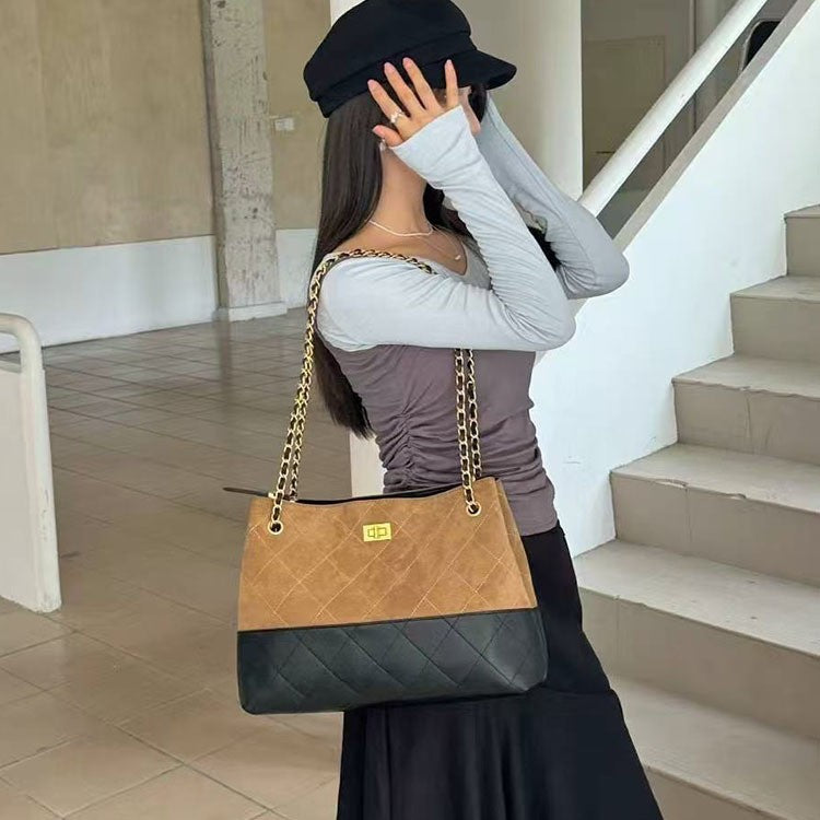 Women's Style Rhombus Chain Large Capacity Genuine Handbags