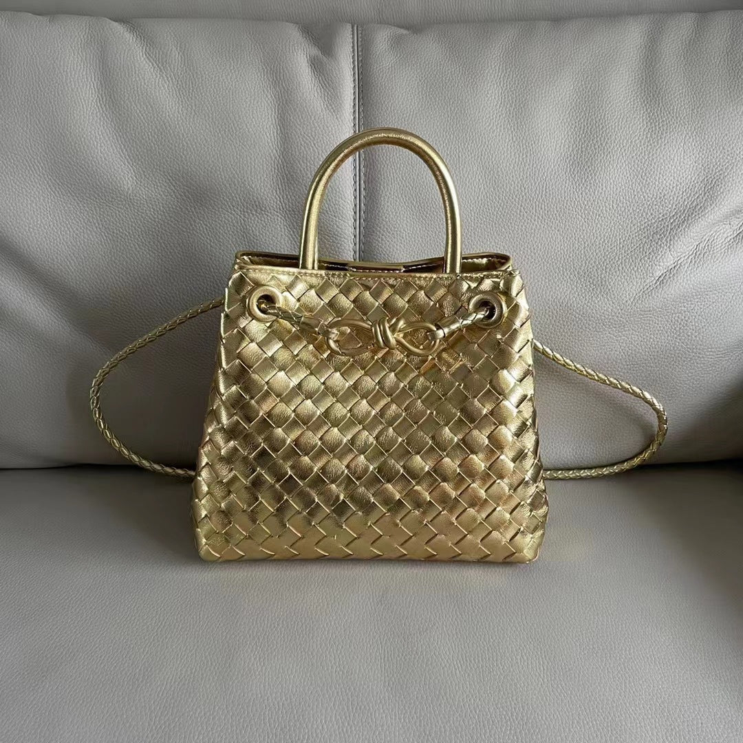 Women's Cowhide Metal Cord Fastener Woven Bags