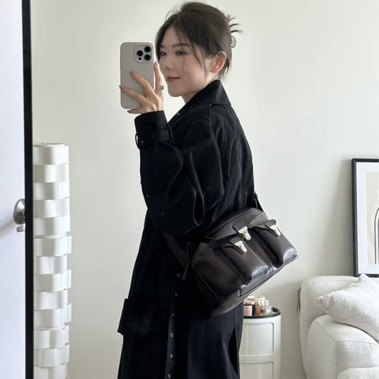 Layer Cowhide French Niche Motorcycle Flap Crossbody Bags
