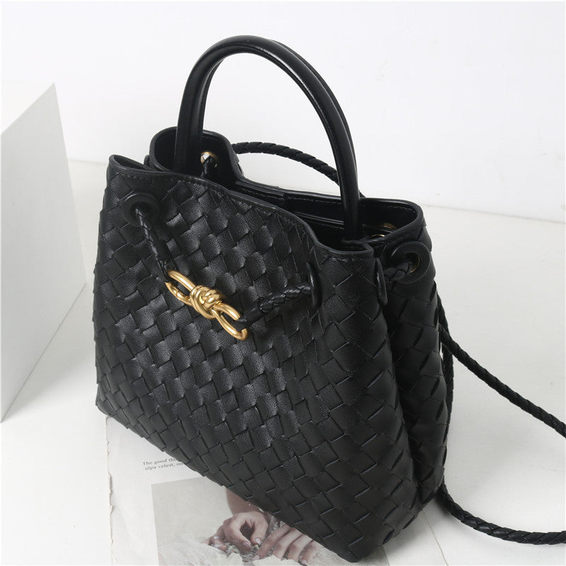 Women's Cowhide Metal Cord Fastener Woven Bags