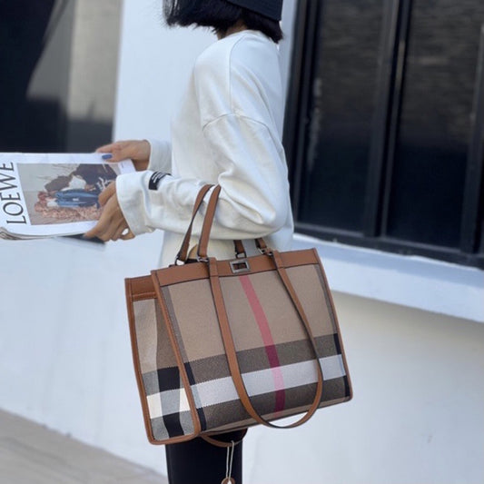 Women's Fashionable Genuine Leather Plaid Cowhide Big Shoulder Bags