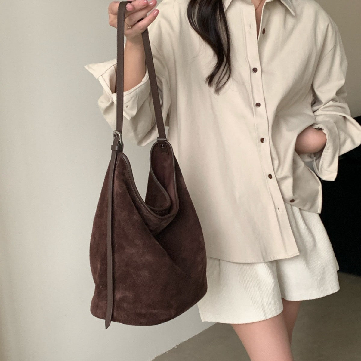 Women's Minimalist Style Niche Retro Suede Genuine Leather Shoulder Bags