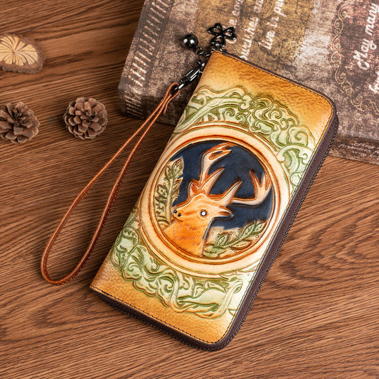 Women's Cowhide Live Broadcast Long Retro Deer Ladies Wallets