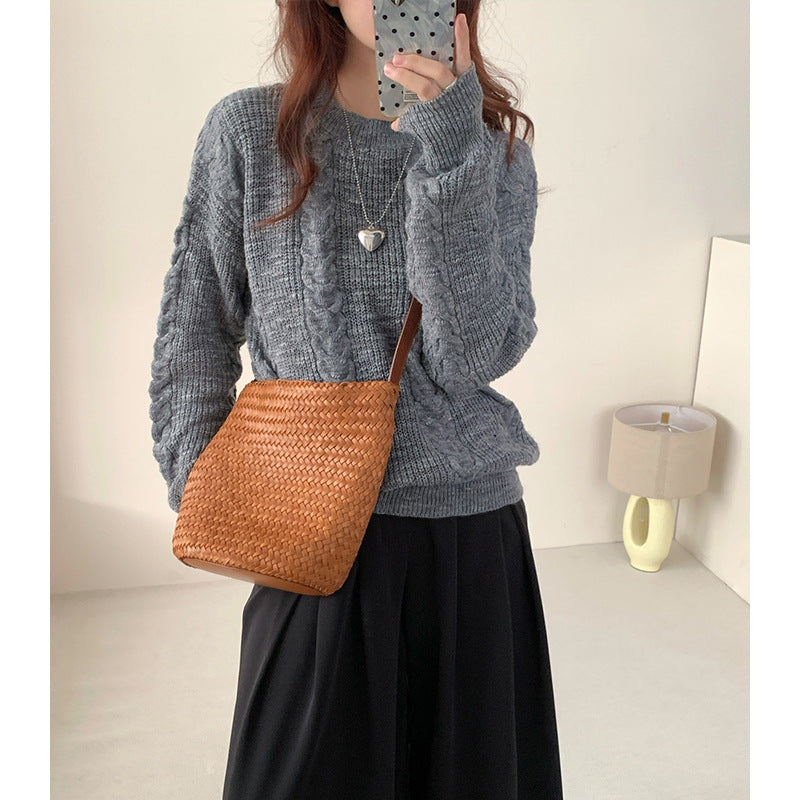 Women's Niche Cowhide Woven Commute Genuine Leather Large Crossbody Bags