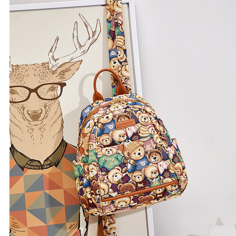 Women's Bear Attachment Embroidered Canvas Fashion Commuter Backpacks