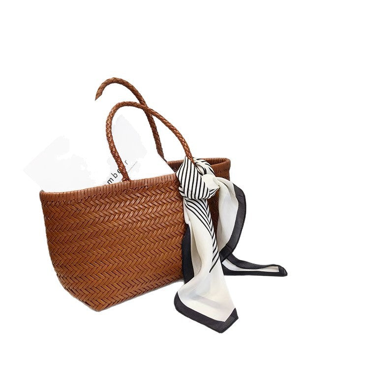 Women's French Style Vegetable Basket Cowhide Hand-woven Bags