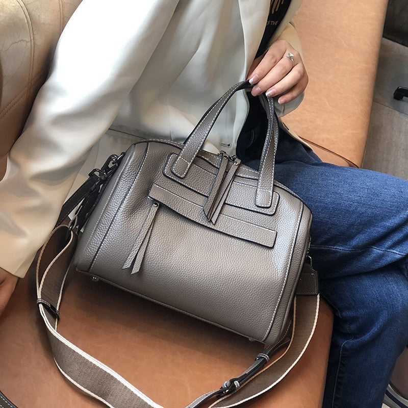 Women's Classic Elegant Boston Litchi Pattern Genuine Shoulder Bags