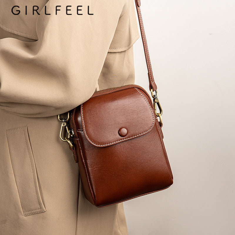 Female Fashion Vegetable Tanning Leather Mobile Bags