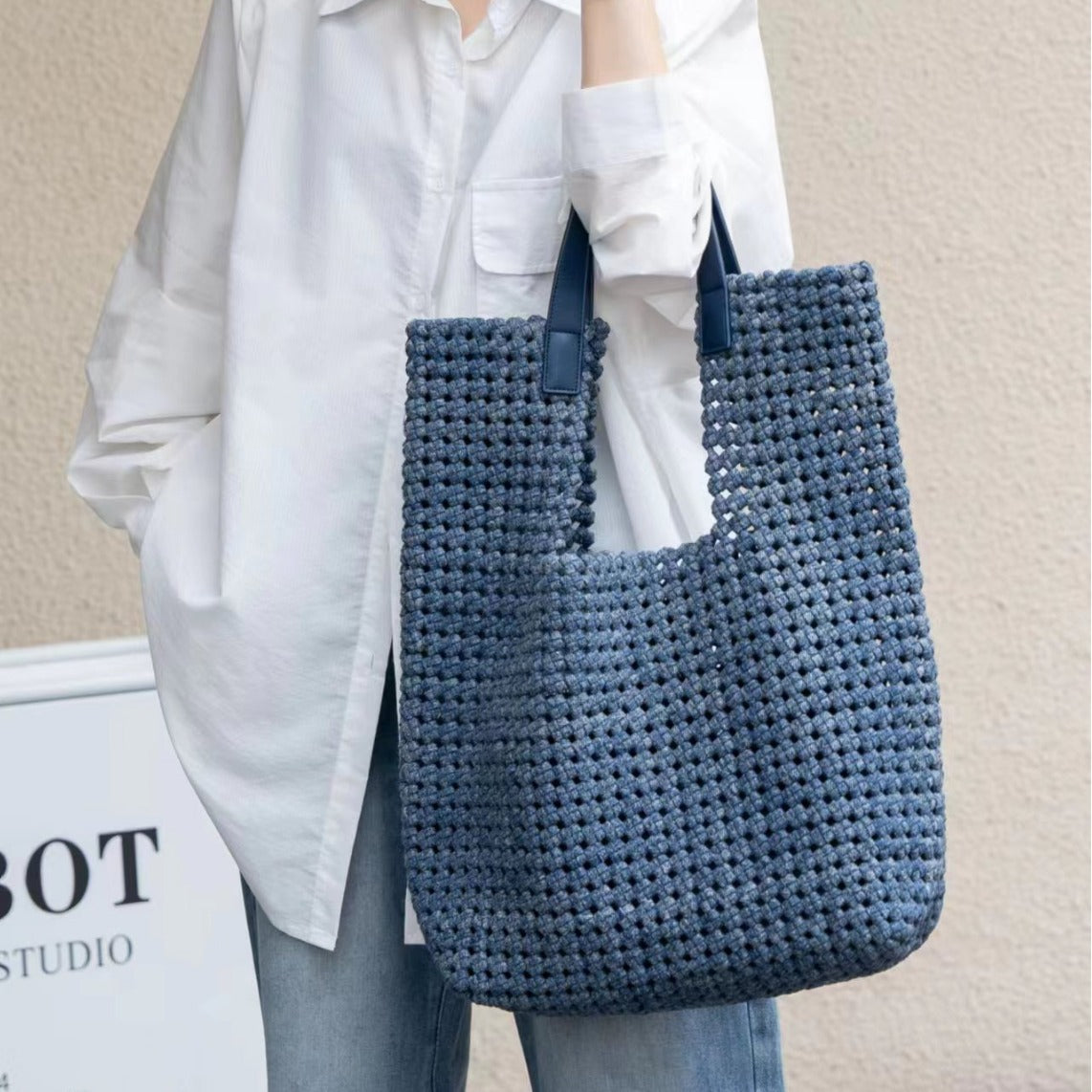 Large Capacity Denim Woven Commute Cowhide Shoulder Bags