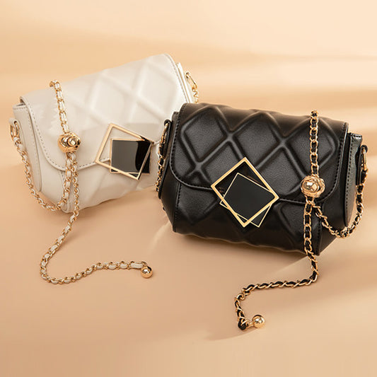 Women's Genuine Leather Light Luxury Diamond Pattern Fashion Golden Ball Shoulder Bags